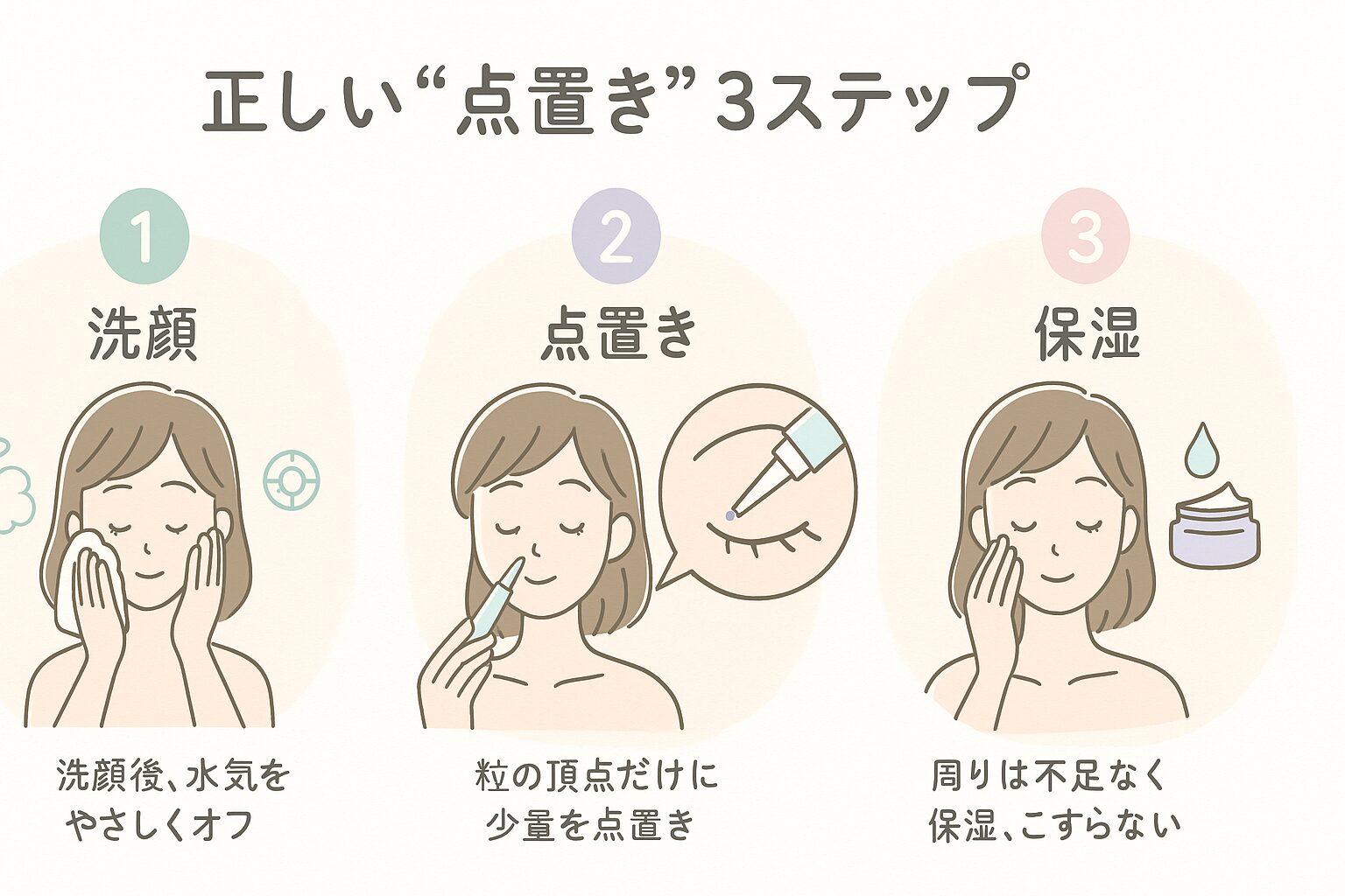 薬用ツブクリンの正しい使い方｜洗顔→粒の頂点へ点置き→周囲を保湿の3ステップ図解