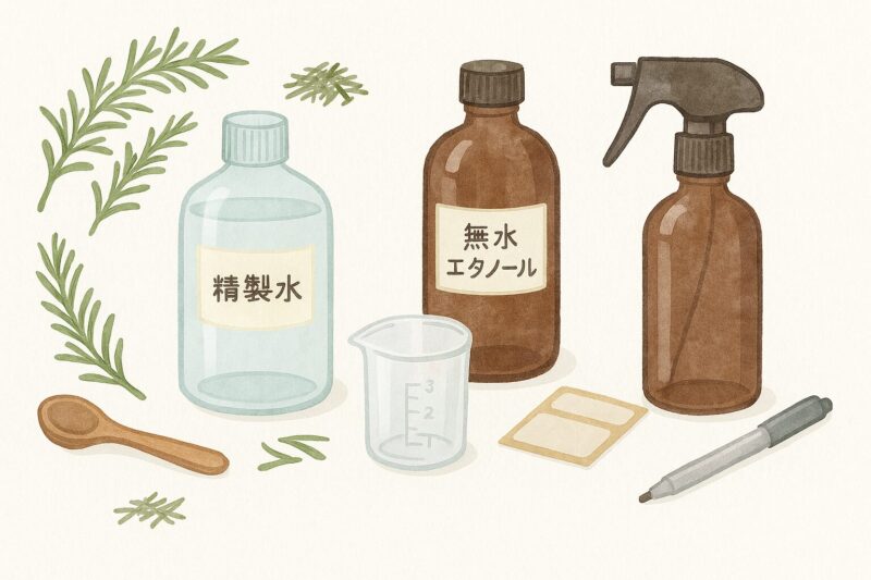 ローズマリートニックに必要な材料と道具をおしゃれに並べたイラスト