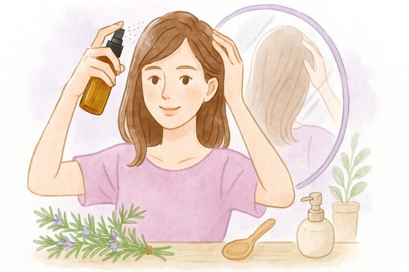 ローズマリートニックをスプレーして頭皮マッサージする女性のイラスト