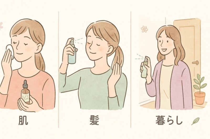 ローズマリーチンキを肌・髪・暮らしで活用する3つのシーンを描いたイラスト