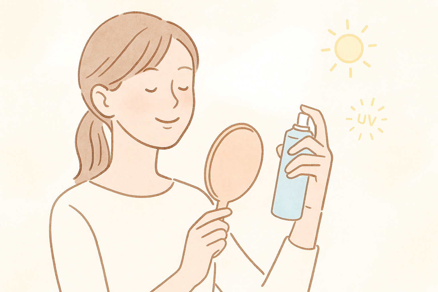 顔用日焼け止めスプレーを顔に吹きかける女性のイラスト｜紫外線対策に便利なUVケアアイテム紹介