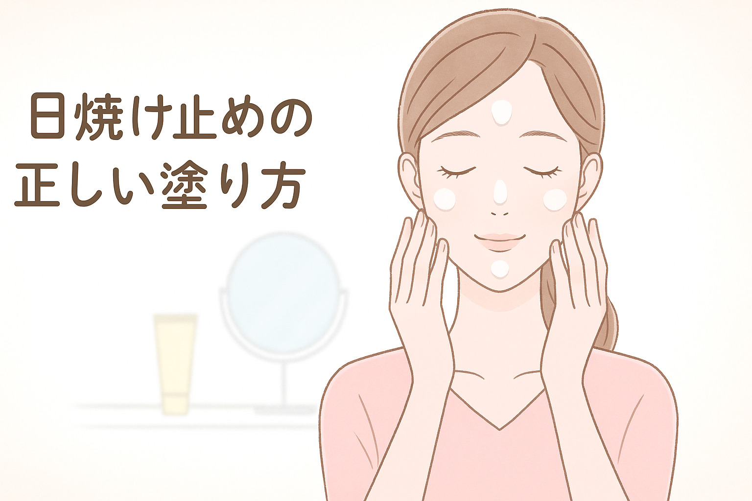 顔に日焼け止めを5点置きしている女性のイラスト