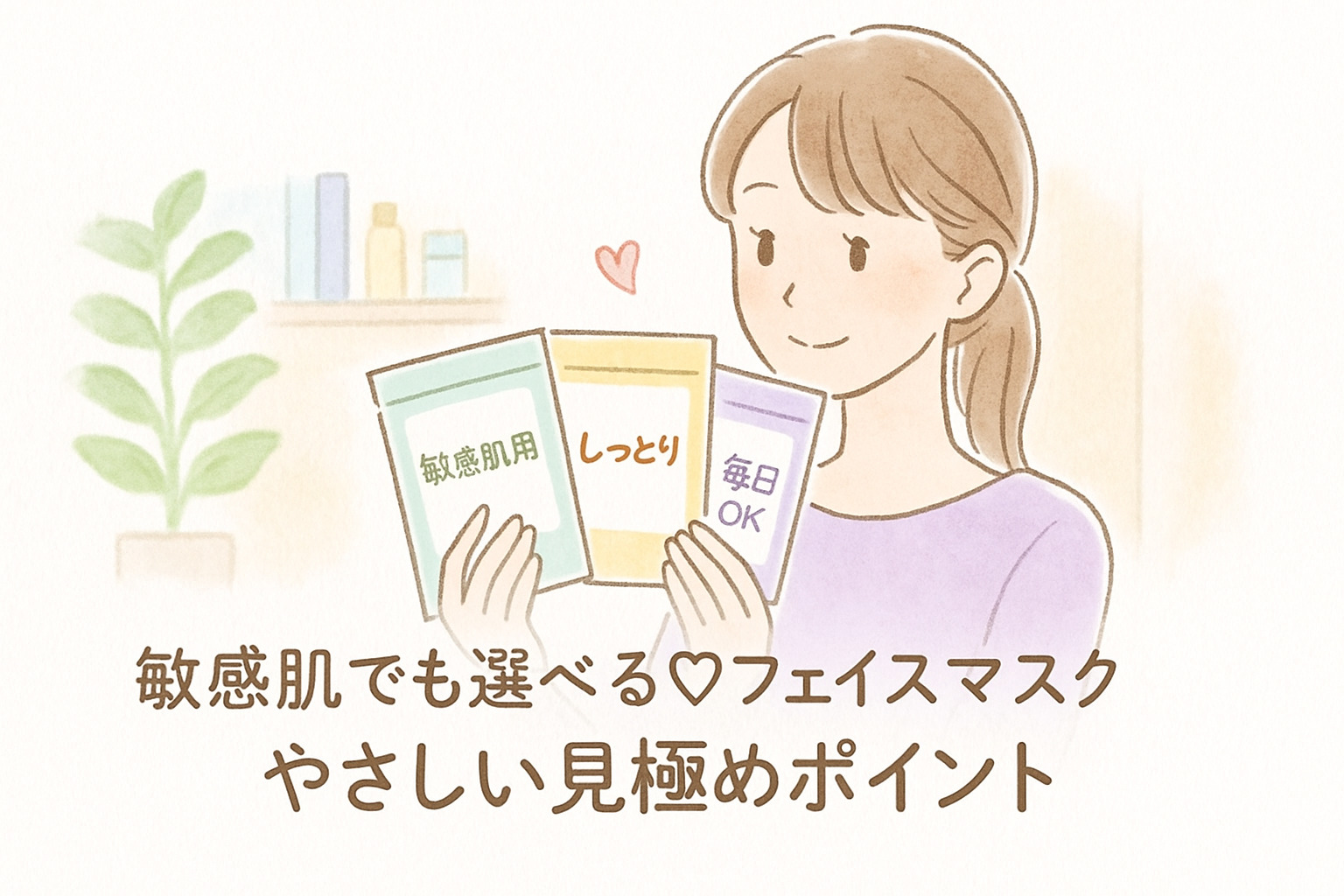  ## 【alt属性（代替テキスト案）】 フェイスマスクを選ぶ女性のイラスト。敏感肌でも使える低刺激タイプや保湿成分を比較する様子。