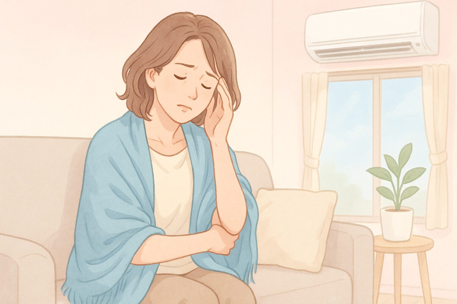 夏の終わりに冷房疲れを感じてソファでストールを羽織る40代女性のイラスト。明るく可愛らしいパステル調の雰囲気