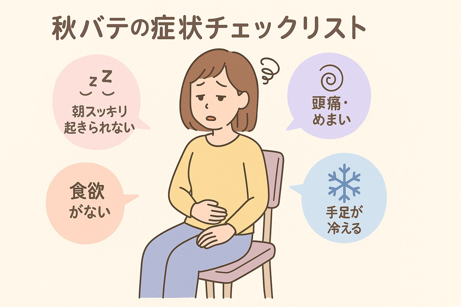 椅子に座ってだるそうにする40代女性と、眠れない・食欲不振・頭痛・冷えを示すアイコン付きのイラスト