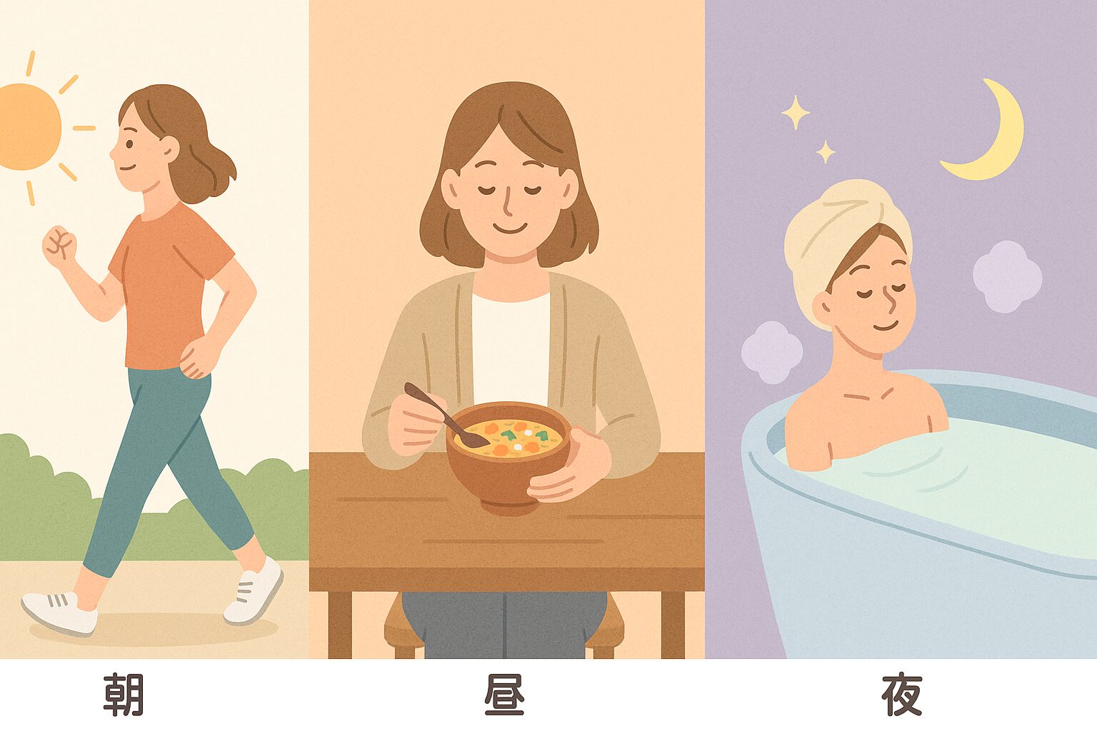 朝のウォーキング、昼の温かいスープ、夜の入浴をする女性の三日間ミニプランを描いたイラスト