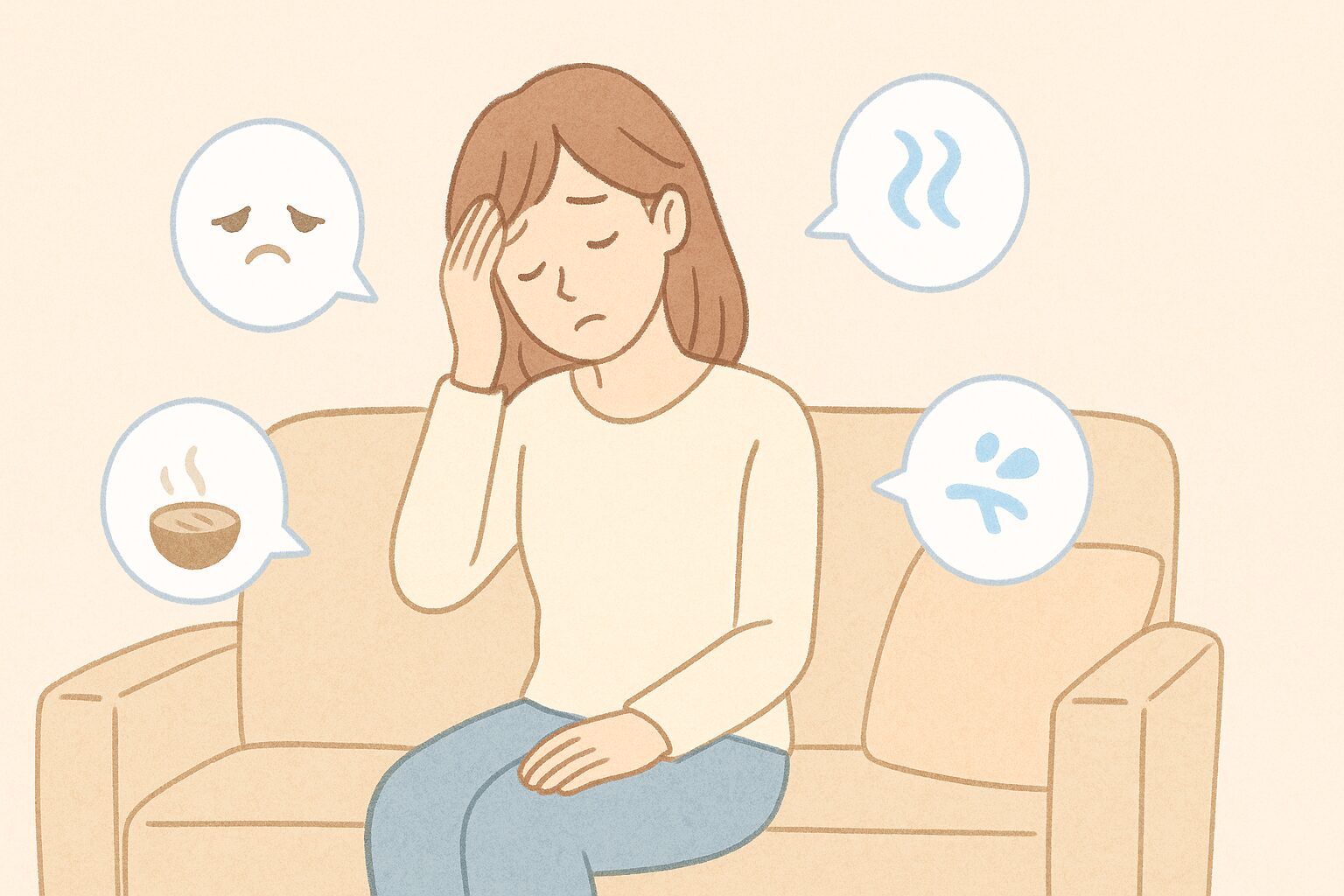 秋バテでだるさや食欲不振を感じている女性のイラスト