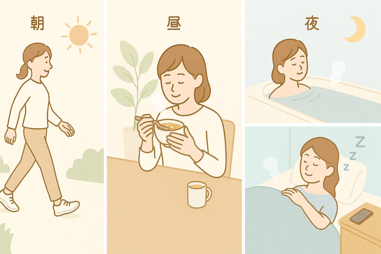 秋バテを防ぐ生活習慣として、朝の運動・温かい食事・夜の入浴と快眠を実践する女性のイラスト
