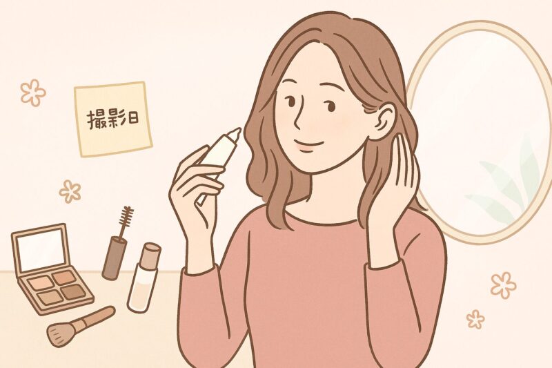 婚活プロフィール写真の撮影前にメイクやヘアケアを整える40代女性のイラスト
