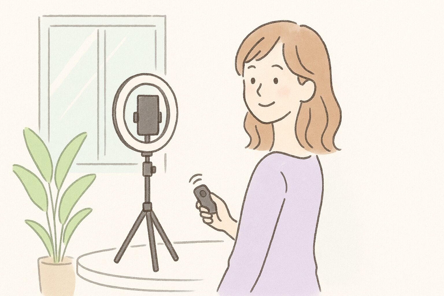 窓際で三脚とスマホを使ってセルフ撮影する婚活女性のイラスト