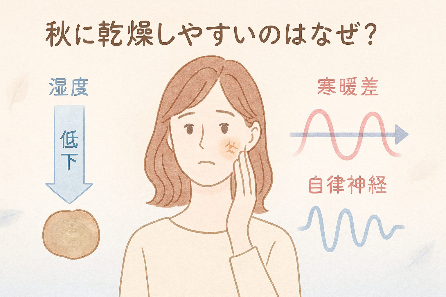 秋に乾燥しやすい原因（湿度低下・寒暖差・自律神経の乱れ）をわかりやすく示した図