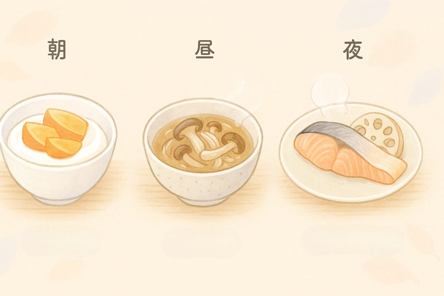5分で作れる潤いレシピ（朝・昼・夜）を並べたイラスト