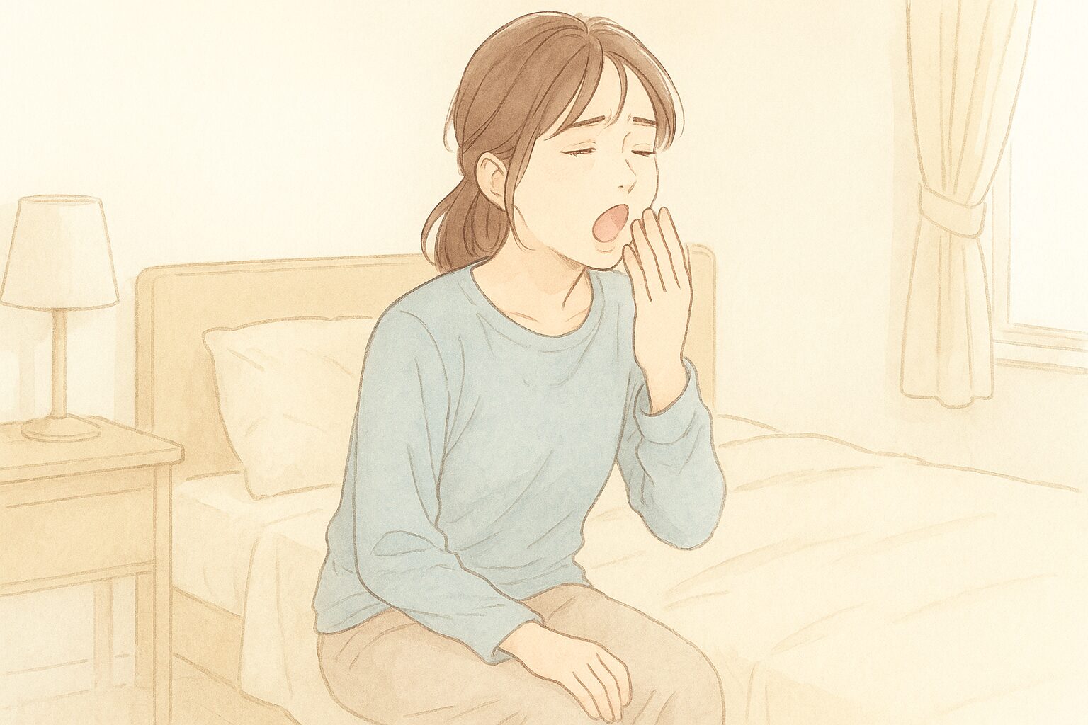 朝から疲れた表情をする女性。自律神経の乱れをチェックするイメージ