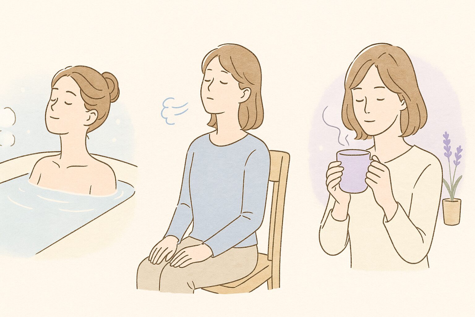 お風呂・深呼吸・温かい飲み物で自律神経を整える女性