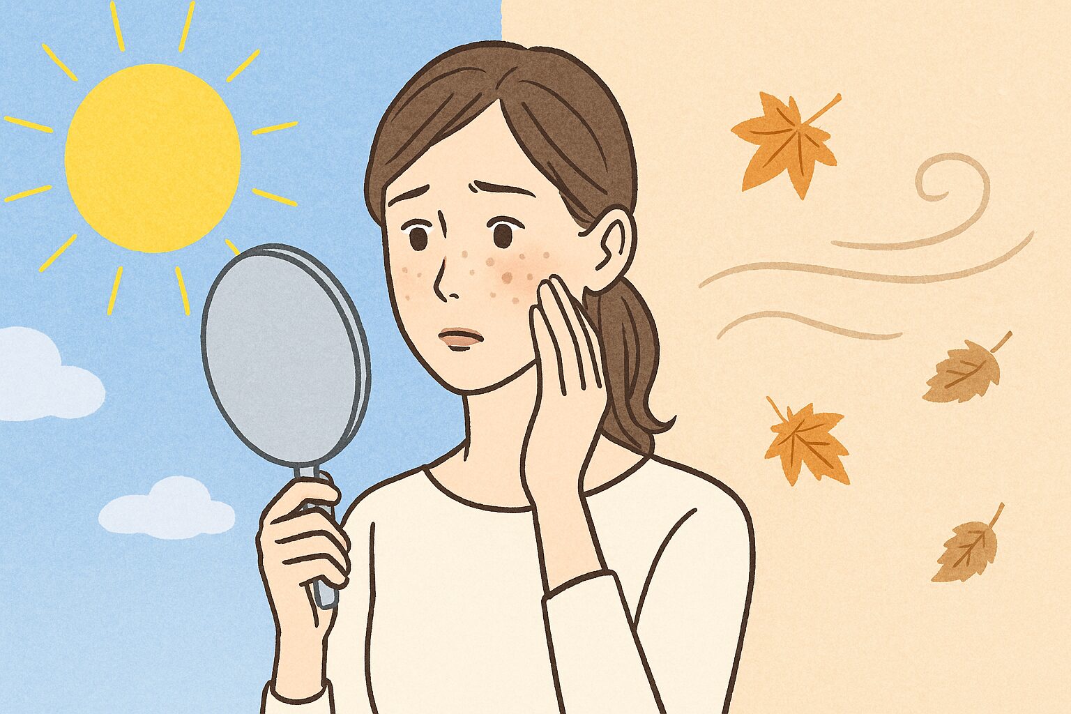 夏の紫外線と秋の乾燥でシミやくすみが濃くなる仕組みをイメージした女性のイラスト
