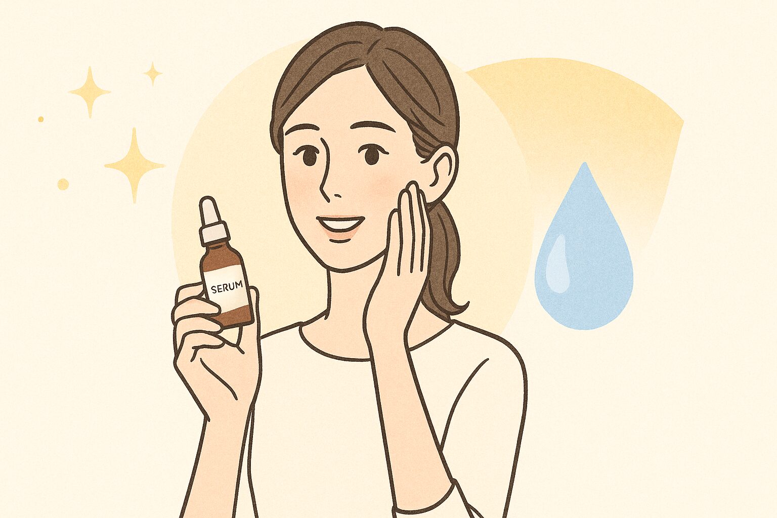 美白美容液・保湿クリーム・UVケアの3本柱をイメージした女性のスキンケアイラスト