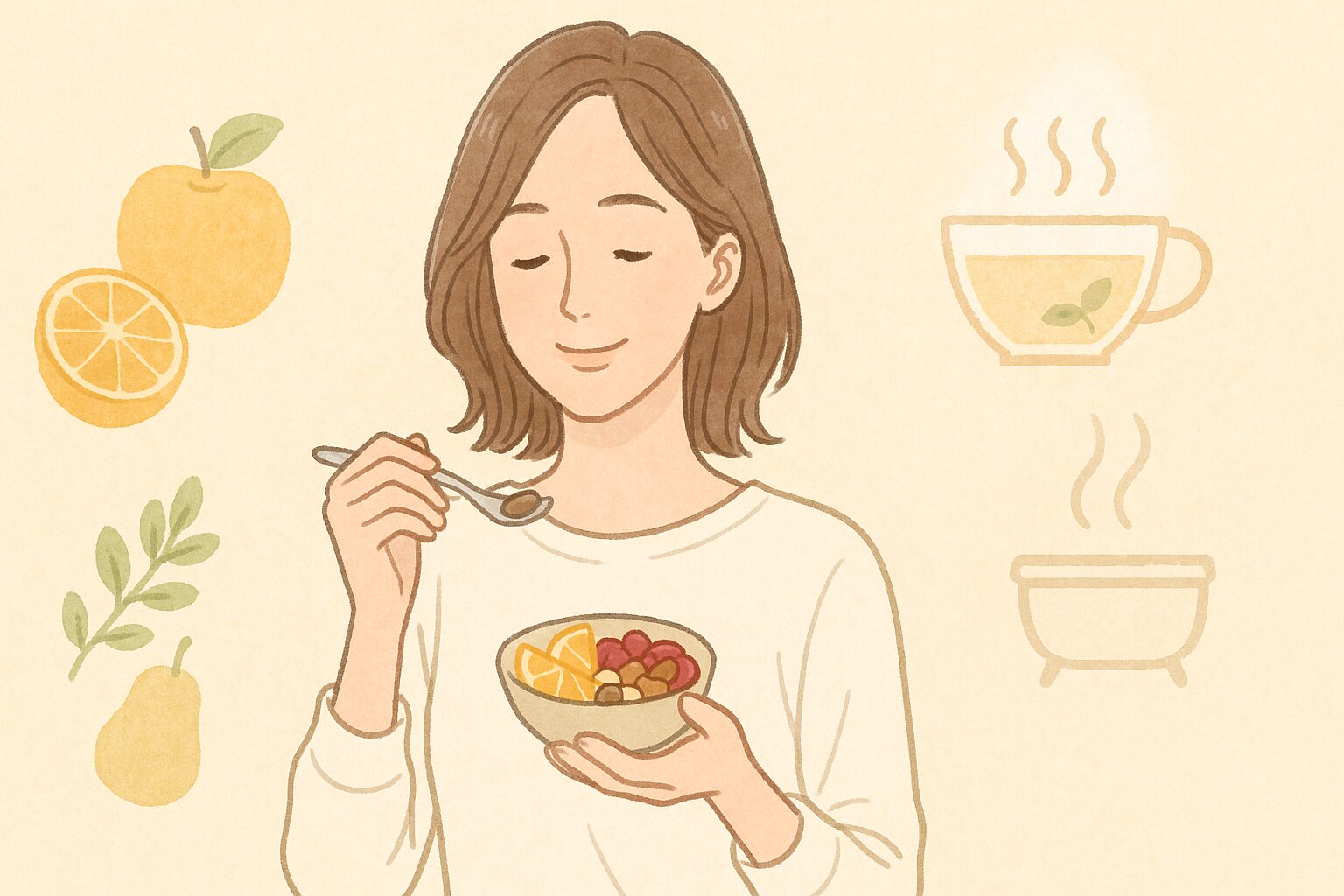 ビタミンや抗酸化食材、生活習慣を意識して透明感を育てる女性のイラスト